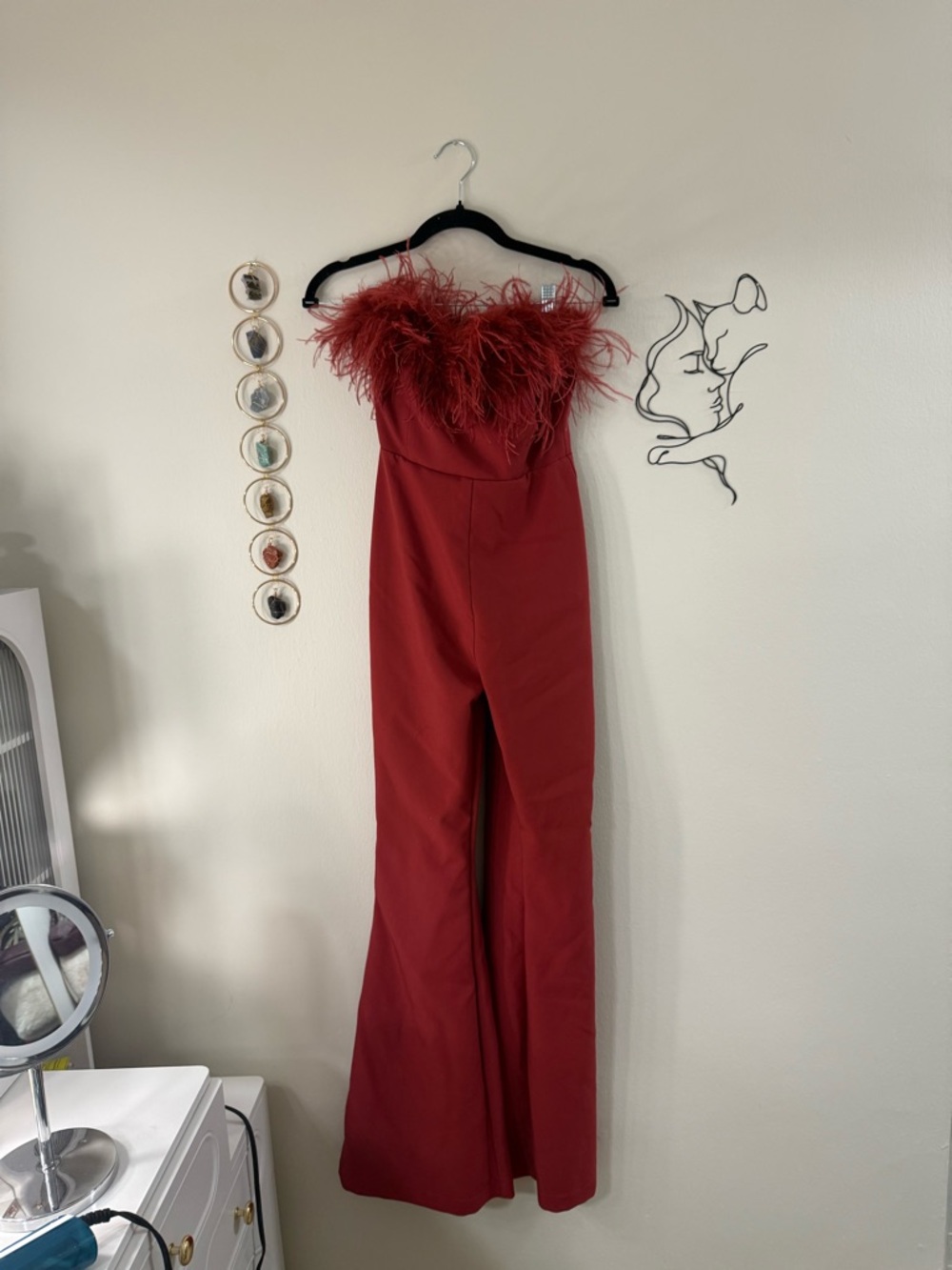 Strapless Feather-Trim Jumpsuit in Crimson - Picture 3 of 7